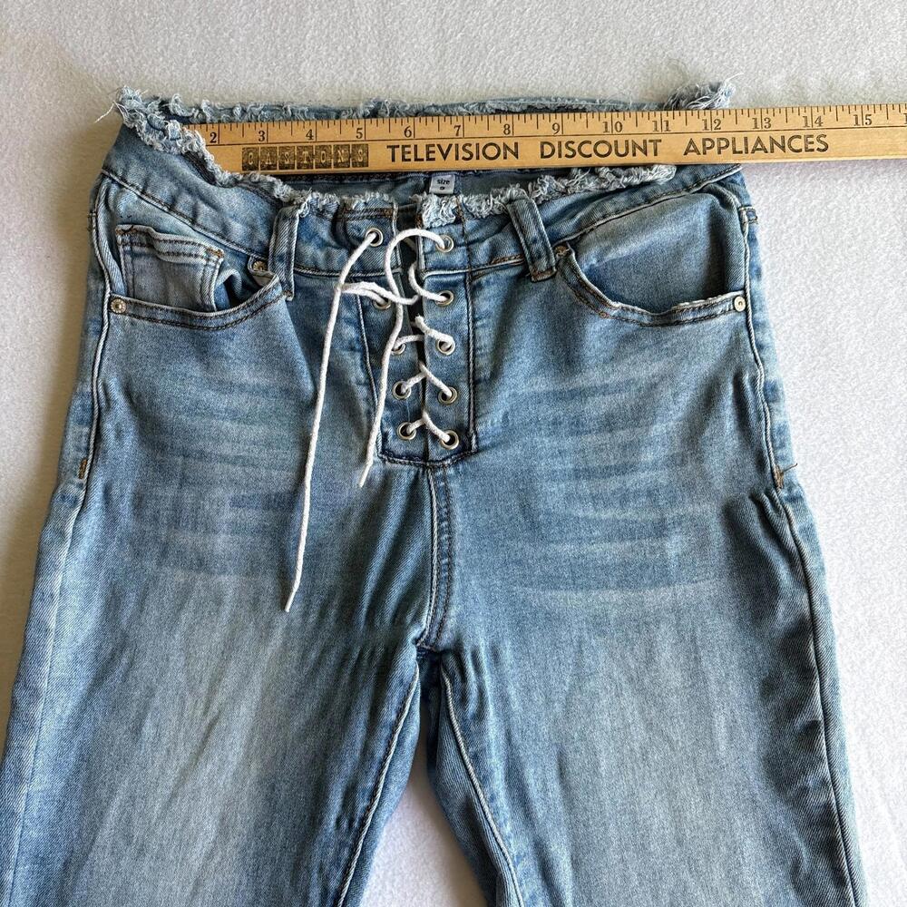 Bamboo Womens Size 9 Lace Up Flare Jeans Frayed Hem Y2K Vintage Denim Streetwear - Picture 6 of 8